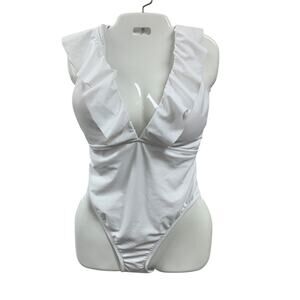 New Shade & Shore Womens XL Cheeky Low V Ruffled Solid White 1PC Swim Suit